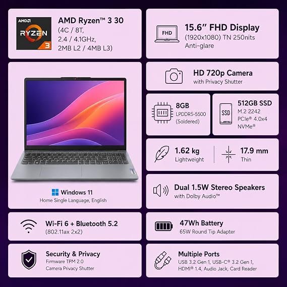 Lenovo IdeaPad Slim 3 Ryzen 3 30 15.6" (39.6cm) FHD Thin and Light Laptop (8GB RAM/512GB SSD/AMD Radeon 610M Graphics/Windows 11/Office 2024/Grey/1.6Kg), 82XQ01VYIN 2 whatsapp image 2026 09 24 at 9.48.48 pm