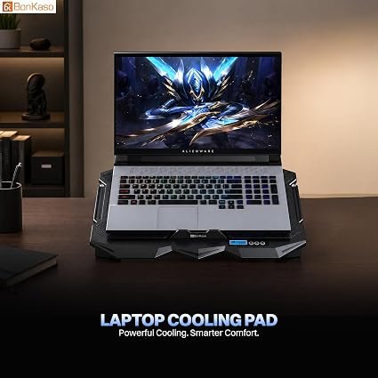 Bonkaso Laptop Cooling Pad for Up to 17 Inch Laptops, 4 RGB Fans, 1900 RPM, Smart LCD Display, 2/4 Fan Modes, 8-Level Height Adjustment, Dual USB Ports, Iron Mesh, 21 dBA, Black 2 whatsapp image 2026 09 24 at 9.54.18 pm