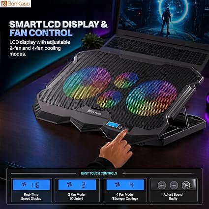 Bonkaso Laptop Cooling Pad for Up to 17 Inch Laptops, 4 RGB Fans, 1900 RPM, Smart LCD Display, 2/4 Fan Modes, 8-Level Height Adjustment, Dual USB Ports, Iron Mesh, 21 dBA, Black 3 whatsapp image 2026 09 24 at 9.54.22 pm