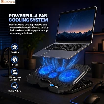 Bonkaso Laptop Cooling Pad for Up to 17 Inch Laptops, 4 High-Speed Blue LED Fans, 1900 RPM, Smart LCD Display, 8-Level Adjustable Stand, Dual USB Ports, Iron Mesh, 21 dBA, Black 2 whatsapp image 2026 09 24 at 9.55.06 pm